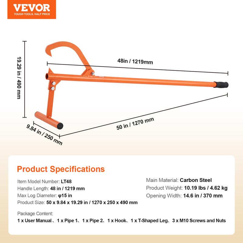 🔥 VEVOR 46.5 inch Stocklift in Kolstål - Powerful Forest Tools for Timber Management, Adjustable Krok & Gummi Handlee