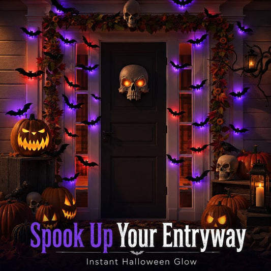 🎃 Halloween 3D Vleermuis Wanddecoratie met Paarse LED-Ogen – Set met 5 Maten | Herbruikbaar & Realistisch 🦇