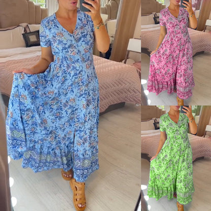 Bloemenjurk Met V-Hals – Jouw Lente in Één Jurki🌸Zacht, vloeiend en perfect voor elk moment – Van picknick tot feestje