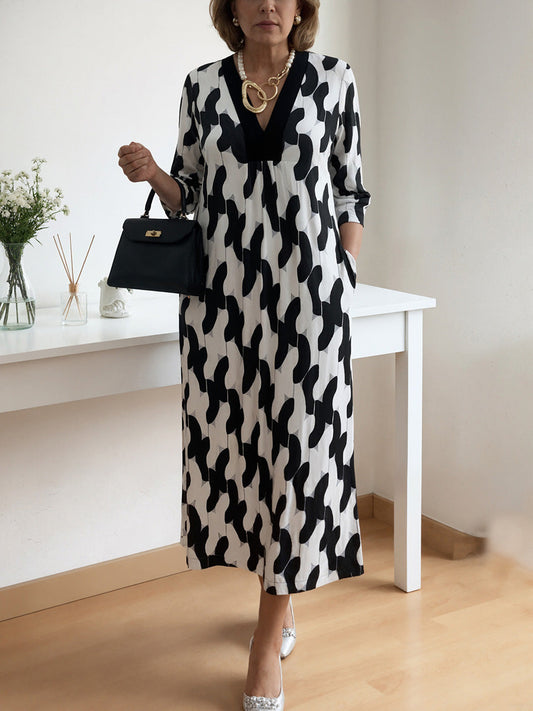 🌸Vroege Lente Sale 50% KORTING!🔥 Casual Chique Maxi-jurk – V-hals, Middellange Mouwen, Perfect voor Elke Dag ✨