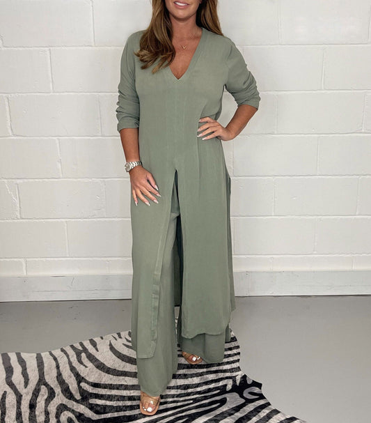 🔥 50% KORTING 🔥 Casual 2-delig Pak met Lange Top en Bijpassende Broek – Comfort & Stijl in Één!