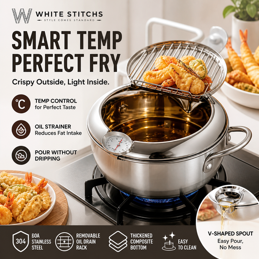 ⏳ TIJDELIJKE ACTIE – Roestvrijstalen Tempura Frituurpan | Met Ingebouwde Thermometer & Afdruiprek | Diepe Pan voor Frituren | Praktisch voor Tempura, Groenten & Snacks
