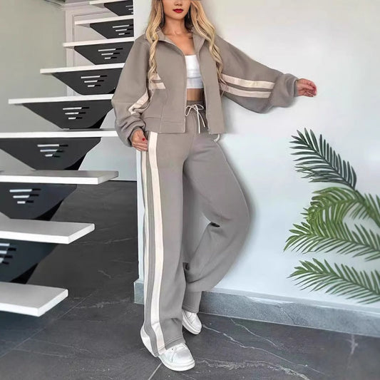 🌸Lente aanbieding🌸Gestreepte jas met rits & casual broek voor dames (2-delige set)