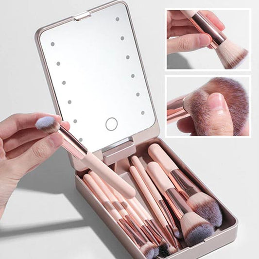🔥 50% KORTING! 🌸 Luxe Reis Make-up Kwastenset met LED Spiegel – Compact, Professioneel & Perfect voor On-the-Go ✨
