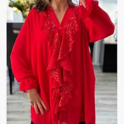 ✨ 50% KORTING! V-hals Chiffon Pailletten Top – Direct Slanker, Chic & Perfect voor de Feestdagen 💃