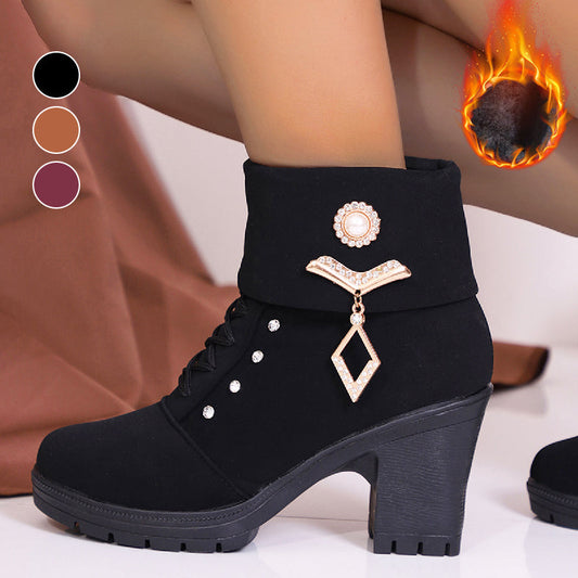 Stijlvolle Dames Enkellaarsjes – Chunky Hak met Rhinestone Details 💎👢