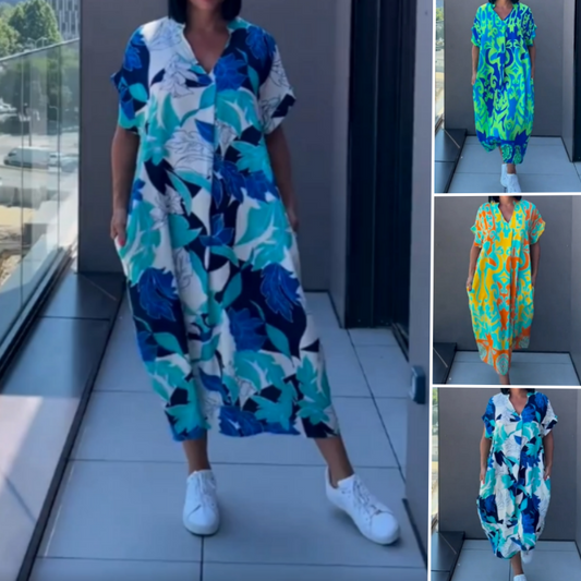 Casual Elegante Geprinte V-Hals Jurk – Vrouwelijk & Tijdloos🌸Speelse print, flatterende pasvorm – Nu 65% speciale korting!