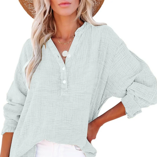 💖Uitverkoop 50% Korting💖Women's Casual Gaas Knoop Hals Lange Mouw Blouse👚