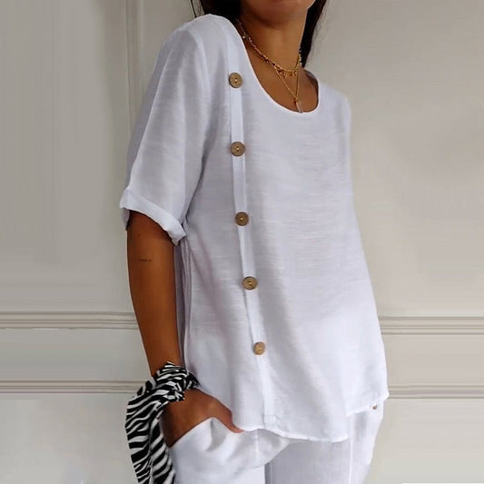 ✨Vroegvoorjaar Must-Have: Ronde Hals Blouse met Zijknopen – NU 50% KORTING!✨