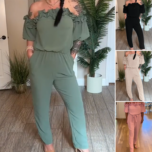 👗 Elegante Off-Shoulder Jumpsuit Met Volantdetails – Comfortabel, Vrouwelijk & Flatterend
