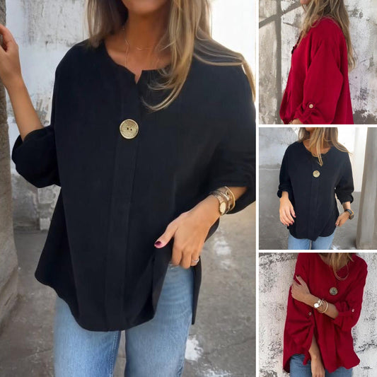 ✨Uitverkoop 50% Korting✨Vrouwenblouse in relaxed model met opgestroopte mouwen👚