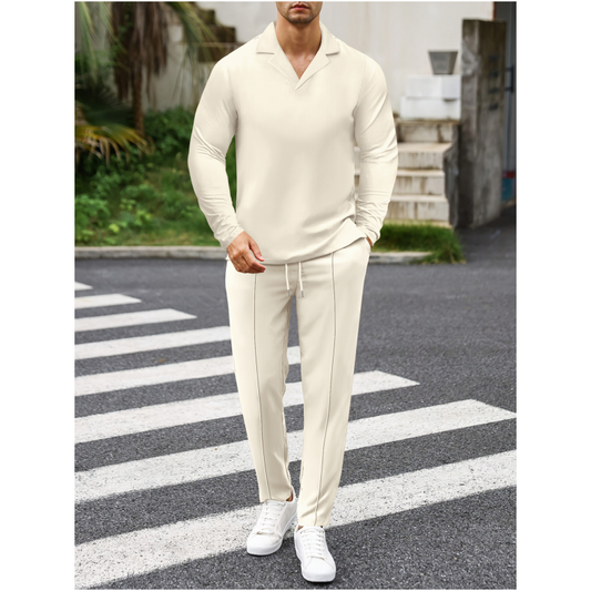 🔥Uitverkoop 50% korting🔥Elegant Men's Two-Piece Set with Collared Top & Drawstring Pants👔