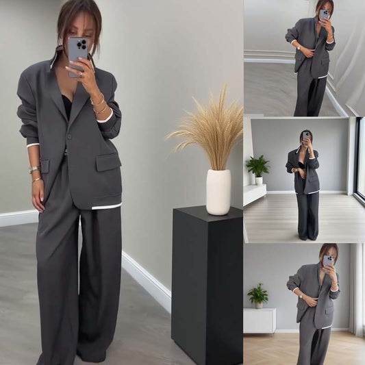 Dames Lange Mouw Blazer & Wijde Pijp Broek 2-Delige Set
