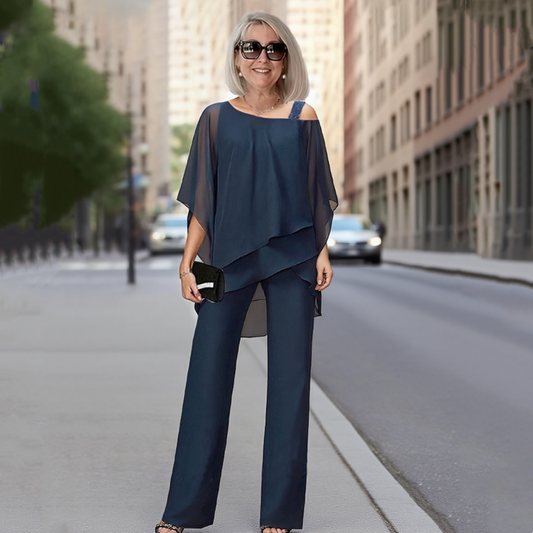 ⏳58% KORTING – Dames chiffon top met asymmetrisch design & wijde broek | 2-delige set