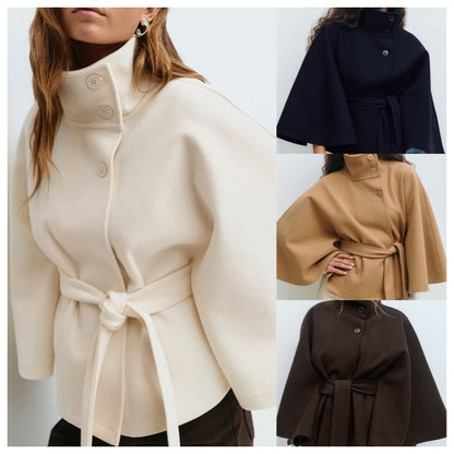 🧥 Elegante Dames Cape-Jas met Opstaande Kraag & Riem – Tijdloos & Stijlvol Design