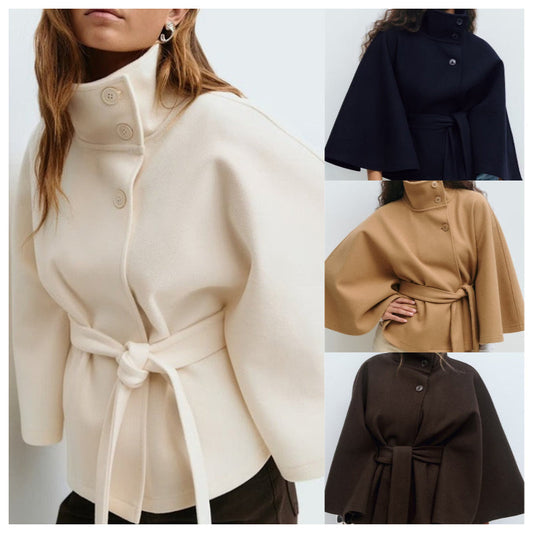 🧥 Elegante Dames Cape-Jas met Opstaande Kraag & Riem – Tijdloos & Stijlvol Design