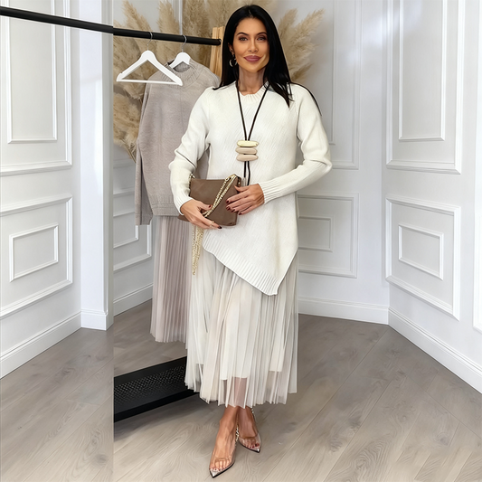 🔥 Hot Sale! 2-delige set – Dames onregelmatige trui + geplooide midi-jurk | Trendy & Comfortabel