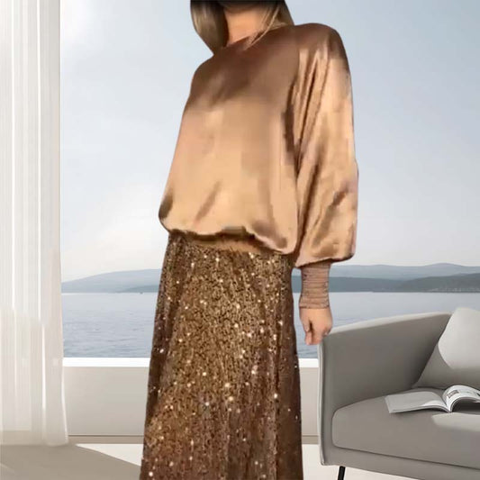✨Feestelijke Glamour! Tweedelige Pailletten Set – Top & Maxi-Rok met 50% Korting voor Dames 🎄