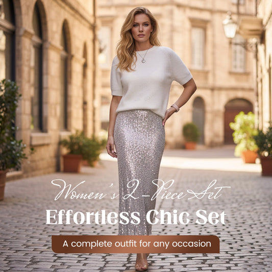 ✨ Elegante tweedelige damesset – Zachte gebreide top & glanzende paillettenrok 👚💖