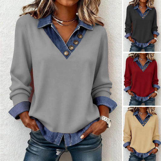 Damestop met Patchwork Denim Kraag – Imitatie 2-Delig Design | Nu 50% Korting