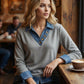 Damestop met Patchwork Denim Kraag – Imitatie 2-Delig Design | Nu 50% Korting