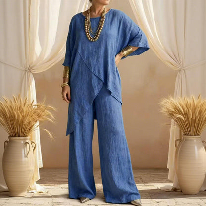 Dames Tweedelige Outfit met Asymmetrische Top – Losvallend, Verzorgd & Tijdloos | 50% Korting