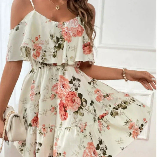 ⏰🎁 60% KORTING – Dames Boho Jurk met Bloemenprint & Open Schouders | Licht, Comfortabel & Perfect voor Lente Uitjes