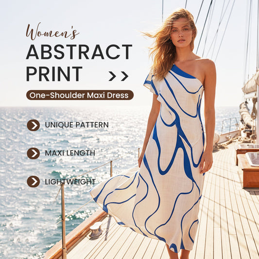 Maxi-Jurk Met Abstracte Print & Één Schouder – Opvallend Elegant