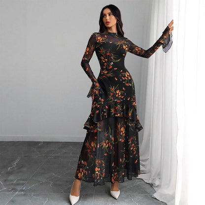 💖Gratis verzending LAATSTE DAG ACTIE - 50% KORTING 💖 Maxi-jurk met bloemenprint, doorschijnende mesh en ruches aan de zoom