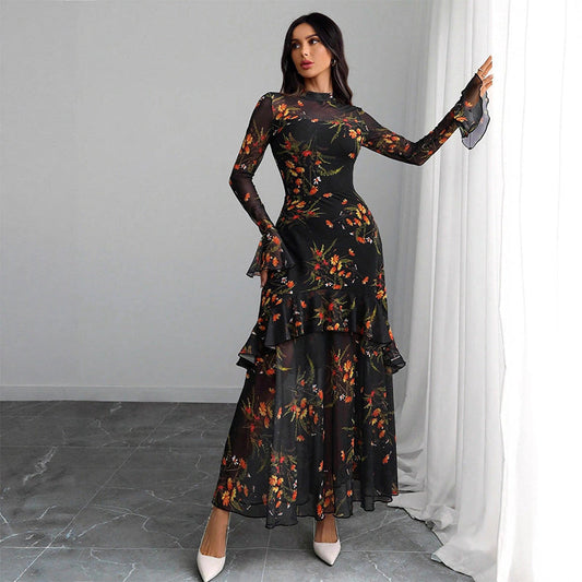 💖Gratis verzending LAATSTE DAG ACTIE - 50% KORTING 💖 Maxi-jurk met bloemenprint, doorschijnende mesh en ruches aan de zoom
