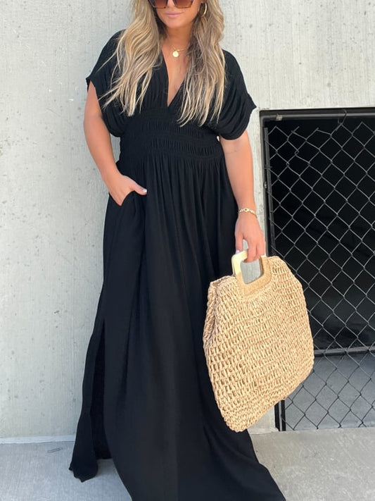 ⏳3 DAGEN DEAL – 60% KORTING🌅 V-Hals Maxi Jurk met Split – Perfect voor Strand, Zonsondergang & Moeiteloos Elegant