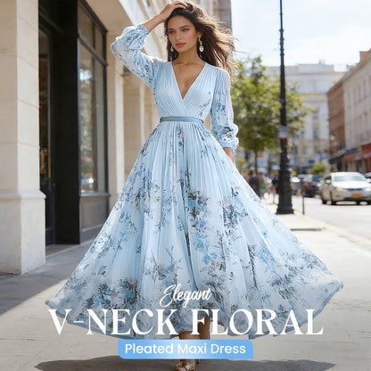 🔥 NIEUW – Nu tijdelijk 68% korting!👗 Elegante Maxi-jurk met V-hals, Bloemenprint & Plooien – Romantisch en Vrouwelijk