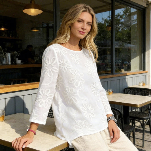 🌸 Damesblouse met Bloemenborduurwerk & Lange Mouwen ✨ Elegant, Luchtig & Tijdloos – Nu 63% KORTING