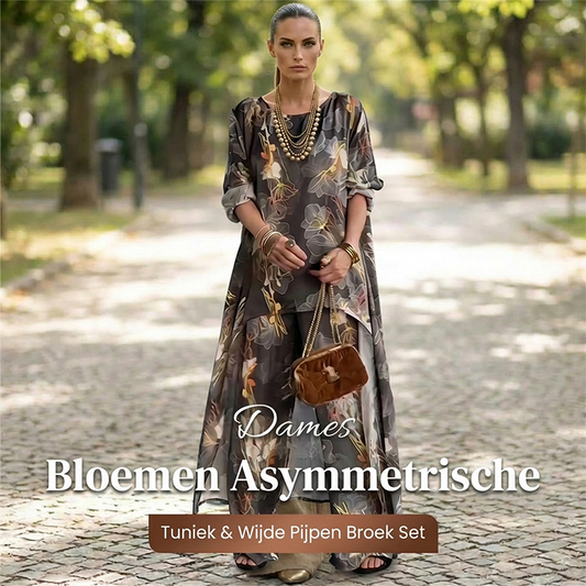 🌸 Dames Bloemen Asymmetrische Tuniek & Wijde Pijpen Broek Set ✨ Luchtig, Elegant & Comfortabel – Nu 63% KORTING