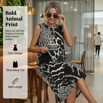 Mouwloze Midi-jurk met Luipaardprint voor Dames – Elegante Pasvorm, Comfortabel & Tijdloos Stijlvol