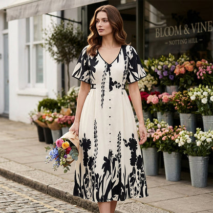 👗 Zachte Midi Jurk met Botanische Print en V-Hals | Licht, Elegant & Makkelijk te Dragen – Nu 58% Korting