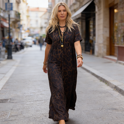 Maxi-Jurk Met V-Hals & Luipaardprint – Gelaagde Rok, Flatterende Taille✨Nieuwe collectie – Nu 72% tijdelijke korting!