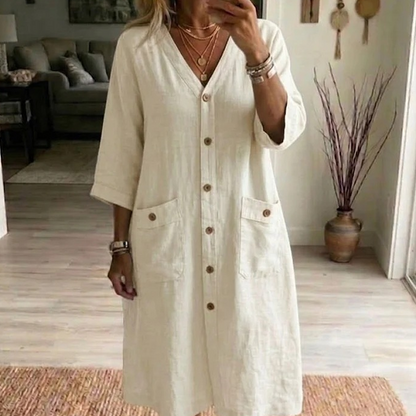 ⏰🔥 50% KORTING – Casual Midi-Jurk met V-Hals | Comfortabel, Flatterend en Perfect voor Elke Dag 💛👗