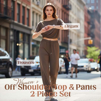 🌸 2-Delige Dames Outfit – Off-Shoulder Top met Broek | Elegante Look, Comfortabele Pasvorm & Moeiteloos Te Combineren