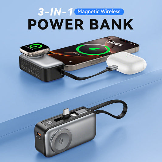 🌞Fris De Lente In Met 50% Korting!📱3-in-1 Magnetische Mini Powerbank - Ingebouwde Kabels & Roterende Plug - 5000mAh - Draadloos Opladen voor iPhone, Watch & Android - Ultra Compact