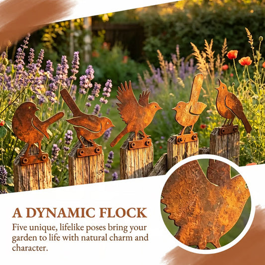 62% Korting!🐦5-delige Roestige Metalen Vogelset - Authentieke Cortenstaal-look Tuindecoratie - Voor Hek, Boom & Balkon