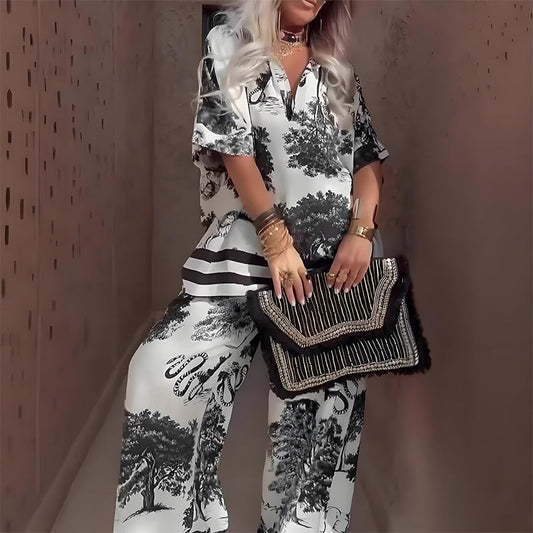 🌸 Casual set met print en V-hals voor dames – Zacht en ademend – Top met V-hals en lange broek 🍃