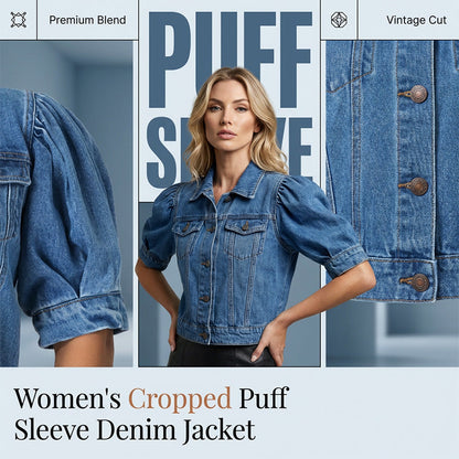 💙 Dames Cropped Denimjack met Korte Puffmouwen – Tijdloos, Vrouwelijk & Makkelijk te Combineren ✨