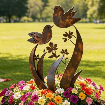 🌿 Rustieke Metalen Tuinpaal met Vogel- en Bloemmotief – Decoratief voor Tuin en Pad ✨