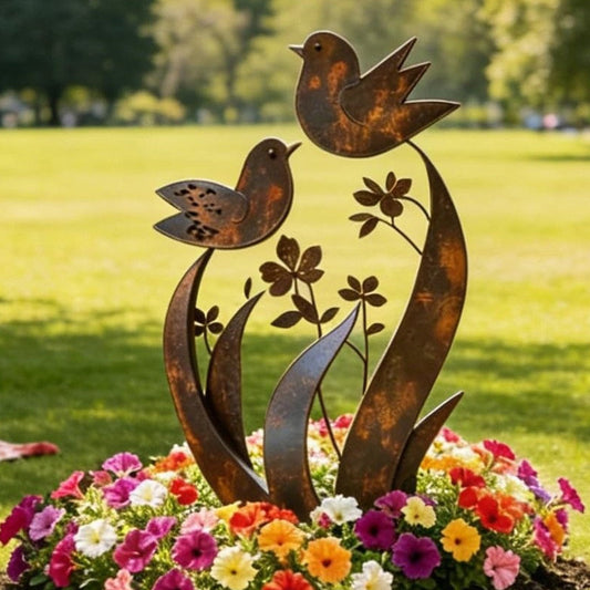 🌿 Rustieke Metalen Tuinpaal met Vogel- en Bloemmotief – Decoratief voor Tuin en Pad ✨