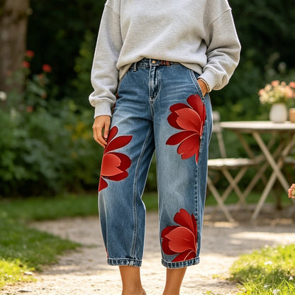 ✨ Een Gewone Jeans? Niet Deze. 🌸 Artistieke Bloemenprint & Wide-Leg Comfort