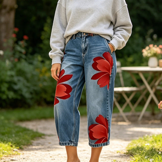 ✨ Een Gewone Jeans? Niet Deze. 🌸 Artistieke Bloemenprint & Wide-Leg Comfort