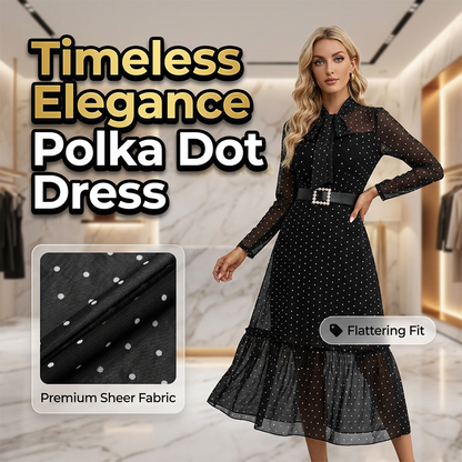 👗 Midi Jurk met Stippen en Striksluiting – Elegante A-lijn Pasvorm met Parelriem ✨
