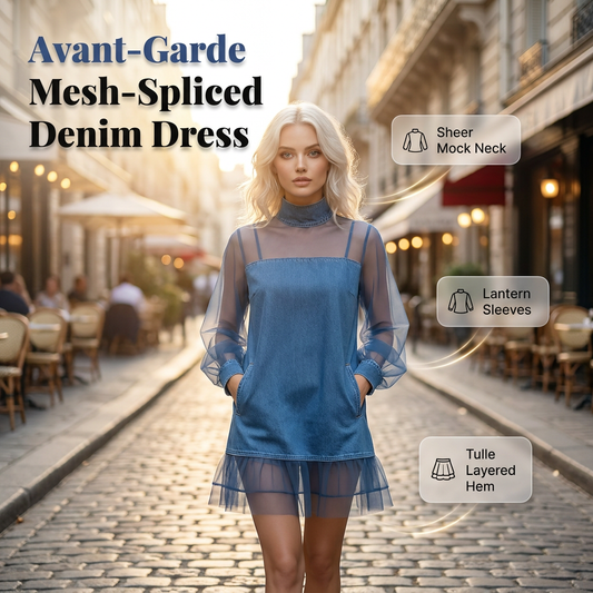 ⏰ TIJDELIJKE KORTING 👗 Spijkerjurk met Gaasmouwen – Elegante Pasvorm & Verfijnde Details