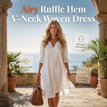 Geweven Jurk Met Ruches & V-Hals – Vrouwelijk & Tijdloos💞Licht, luchtig & perfect voor elke zomerdag